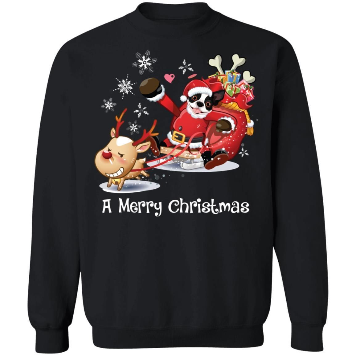 A Merry Christmas Santa Boston Terrier Dog Sweatshirt Xmas Gift