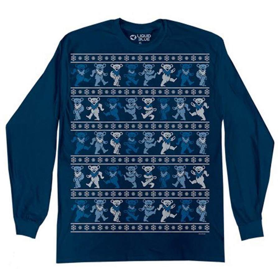 Grateful Dead-Blue Dancing Bears-Ugly Christmas Sweater Style Longsleeve t-shirt