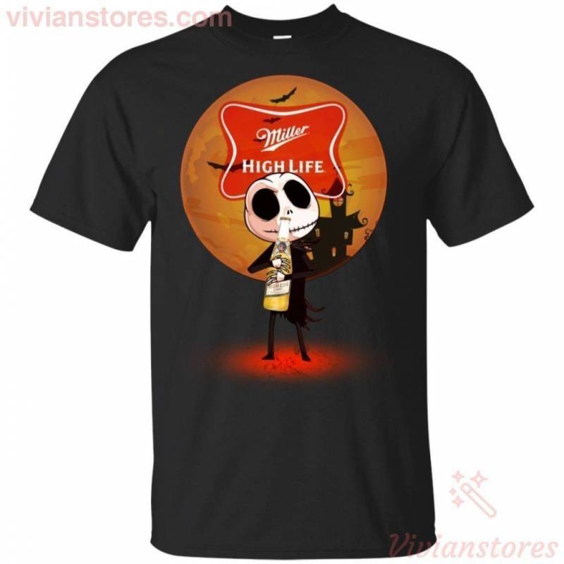 Jack Skellington Hold Miller High Life Beer T-Shirt Halloween Costume HA08