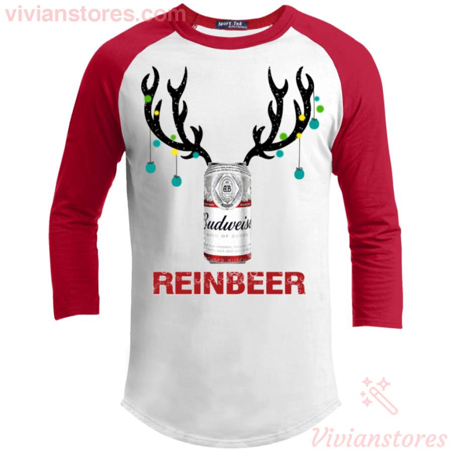 Budweiser Reinbeer Christmas Raglan Sleeve Shirt Funny Beer Reindeer Xmas