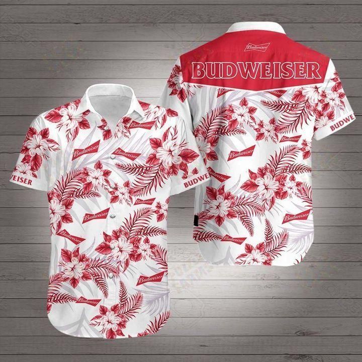 Budweiser Hawaiian Shirt White Men Women Beach Wear Short Sleeve Hawaii Shirt