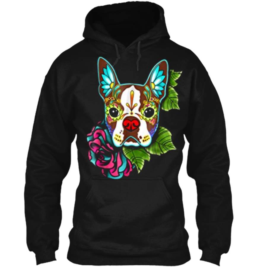 Boston Terrier in Red – Day of the Dead Sugar Skull Dog Pullover Hoodie 8 oz