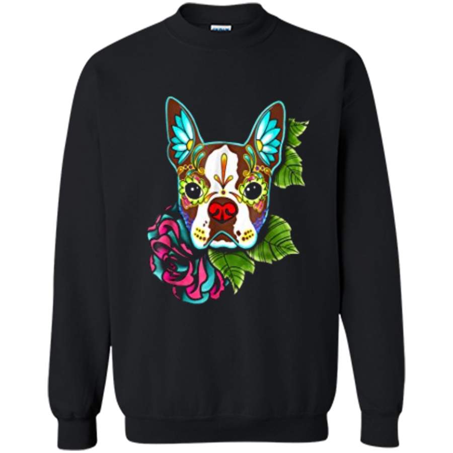 Boston Terrier in Red – Day of the Dead Sugar Skull Dog Printed Crewneck Pullover Sweatshirt