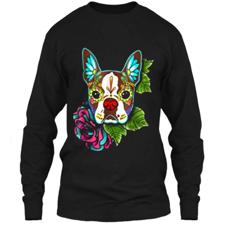 Boston Terrier in Red – Day of the Dead Sugar Skull Dog LS Ultra Cotton Tshirt