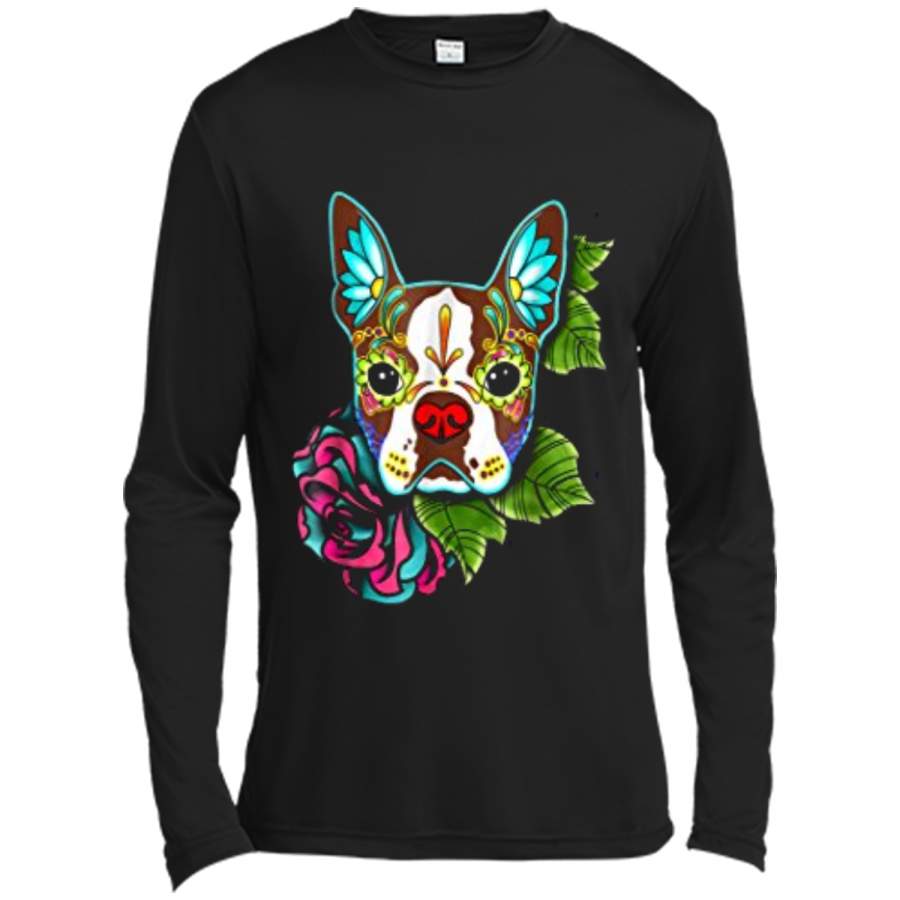 Boston Terrier in Red – Day of the Dead Sugar Skull Dog Long Sleeve Moisture Absorbing Shirt