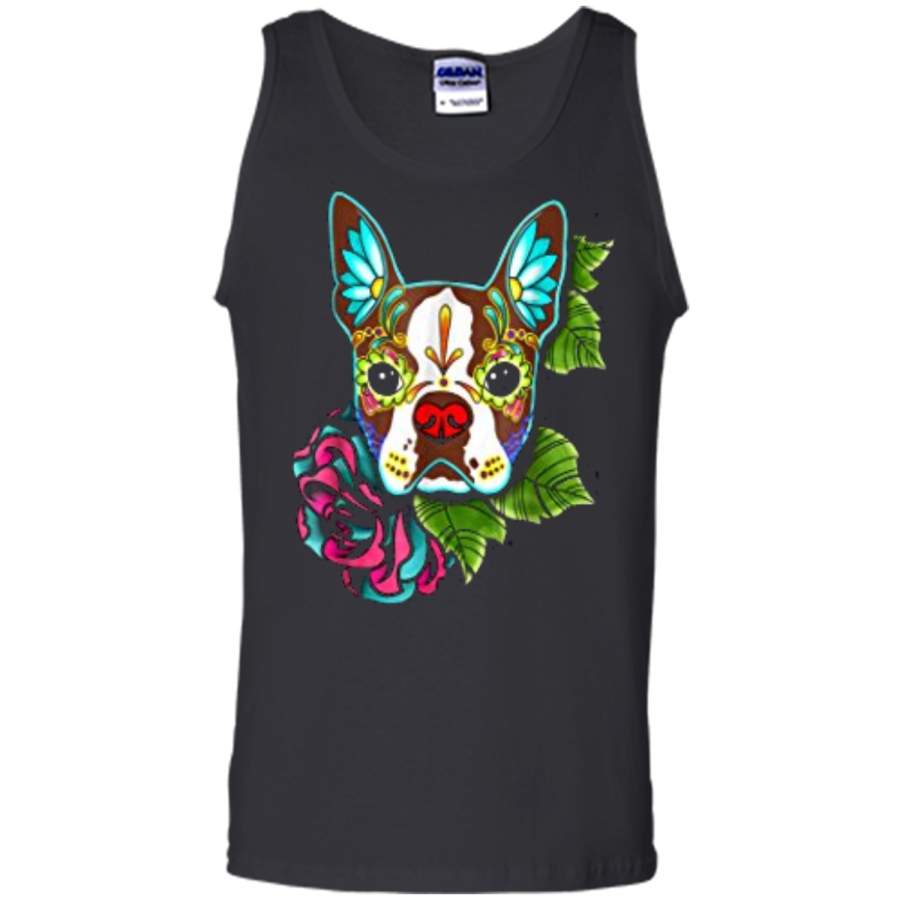 Boston Terrier in Red – Day of the Dead Sugar Skull Dog Tank Top