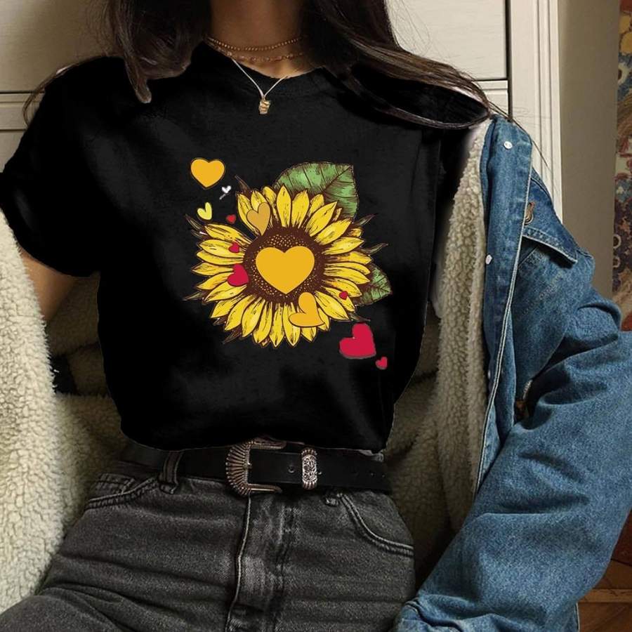 Women’s Fashion Sunflower Graphic Tee Tops Heart Printed Short Sleeve T Shirt Harajuku Tshirt Pokemon