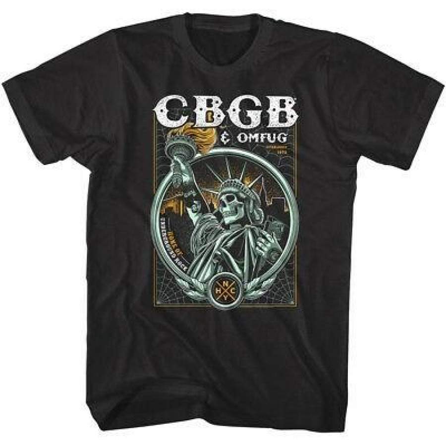 Cbgb Omfug Skeleton Statue of Liberty Mens Skull New York Punk Rock Tour T-Shirt