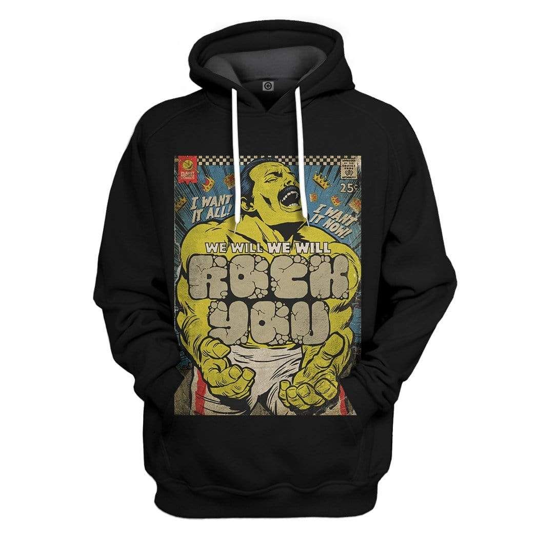 Gearhumans 3D Freddie Mercury We Will Rock You Vintage Comic Book Covers Custom Hoodie Apparel