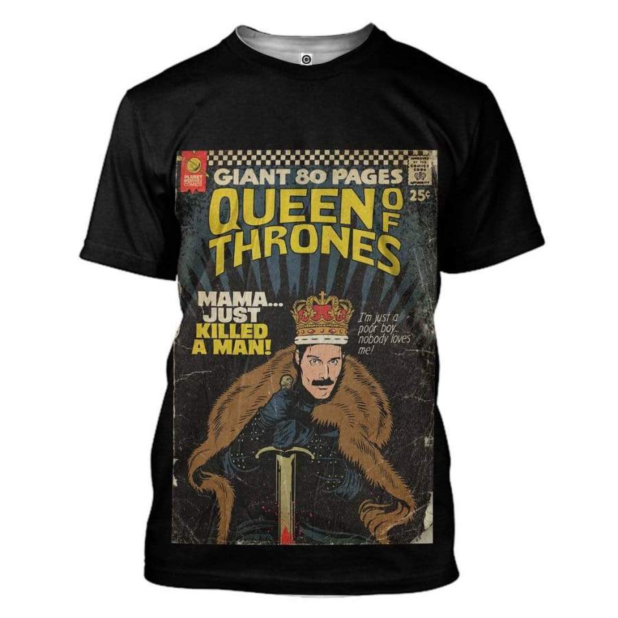 Gearhuman 3D Freddie Mercury Queen Of Thrones Vintage Comic Book Covers Custom Tshirt Apparel