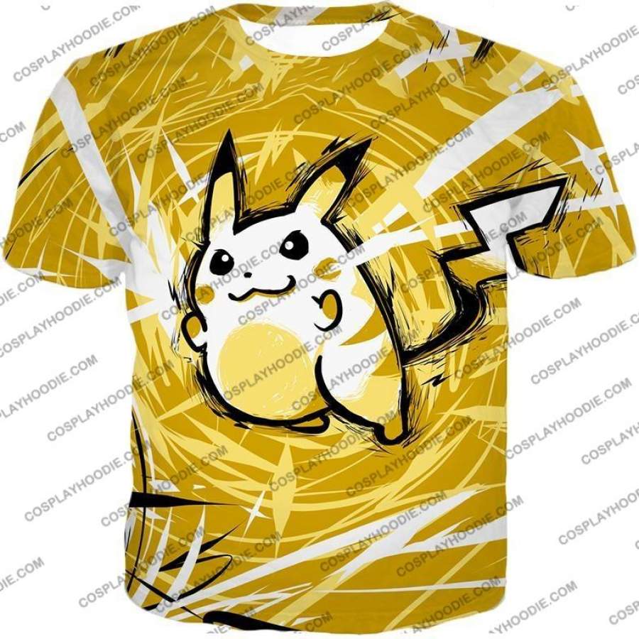 Pokemon Powerful Thunder Pokemon Raichu Cool Action Yellow T-Shirt PKM080