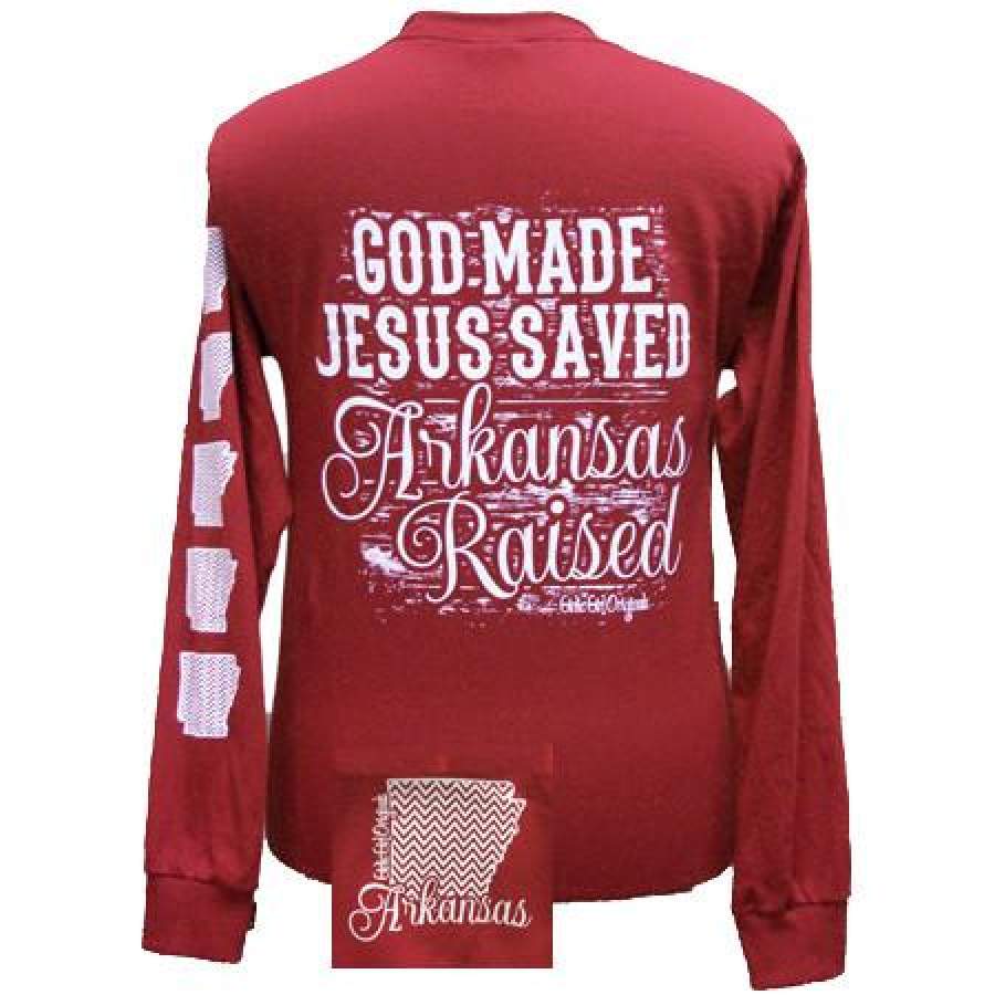 Arkansas Raised, Jesus Saved Chevron State Girlie Bright Long Sleeves T Shirt