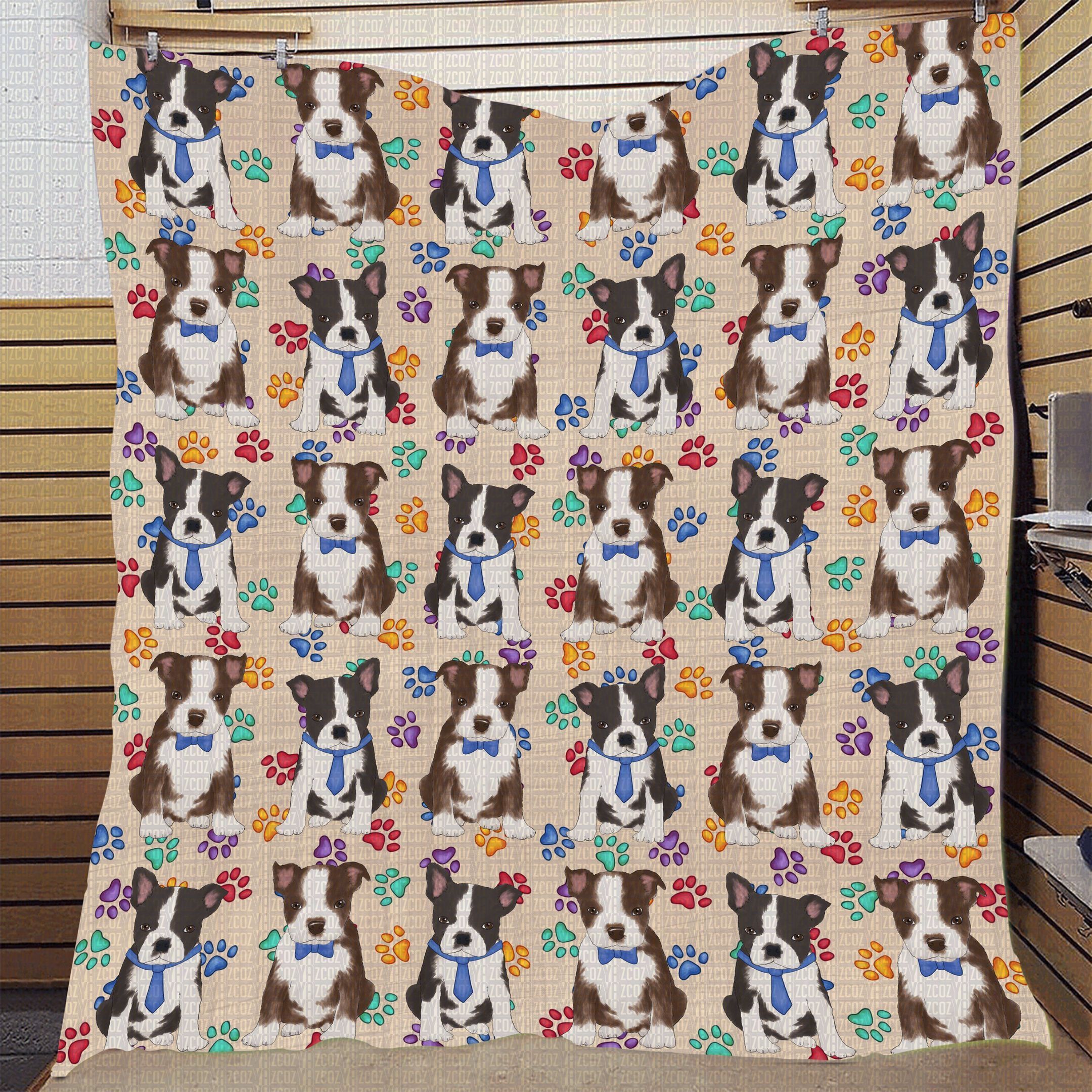 Boston Terrier Dogs Blue Quilt Cuctq