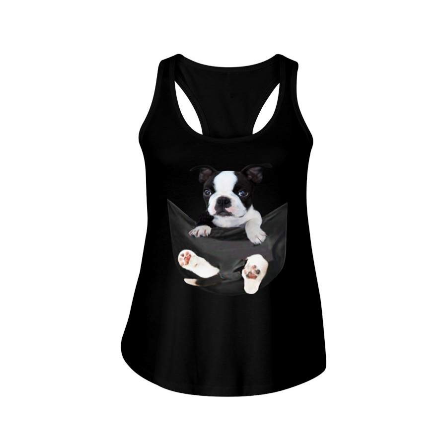 Boston Terrier In Middle Pocket 2020 Trending For Dog Lovers Ladies Flowy Tank