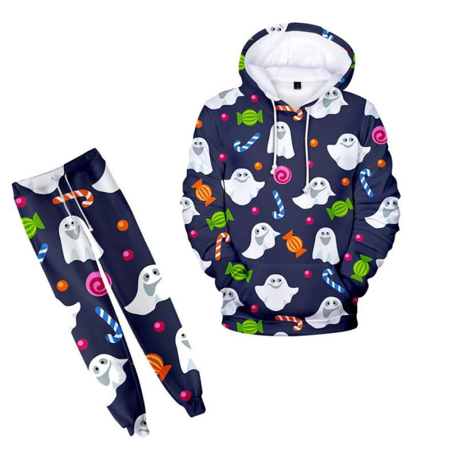 Funny Ghost Print Hoodie & Sweatpants Set