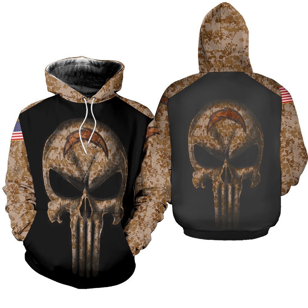 Camouflage Skull Los Angeles Chargers American Flag 3d Unisex Hoodie