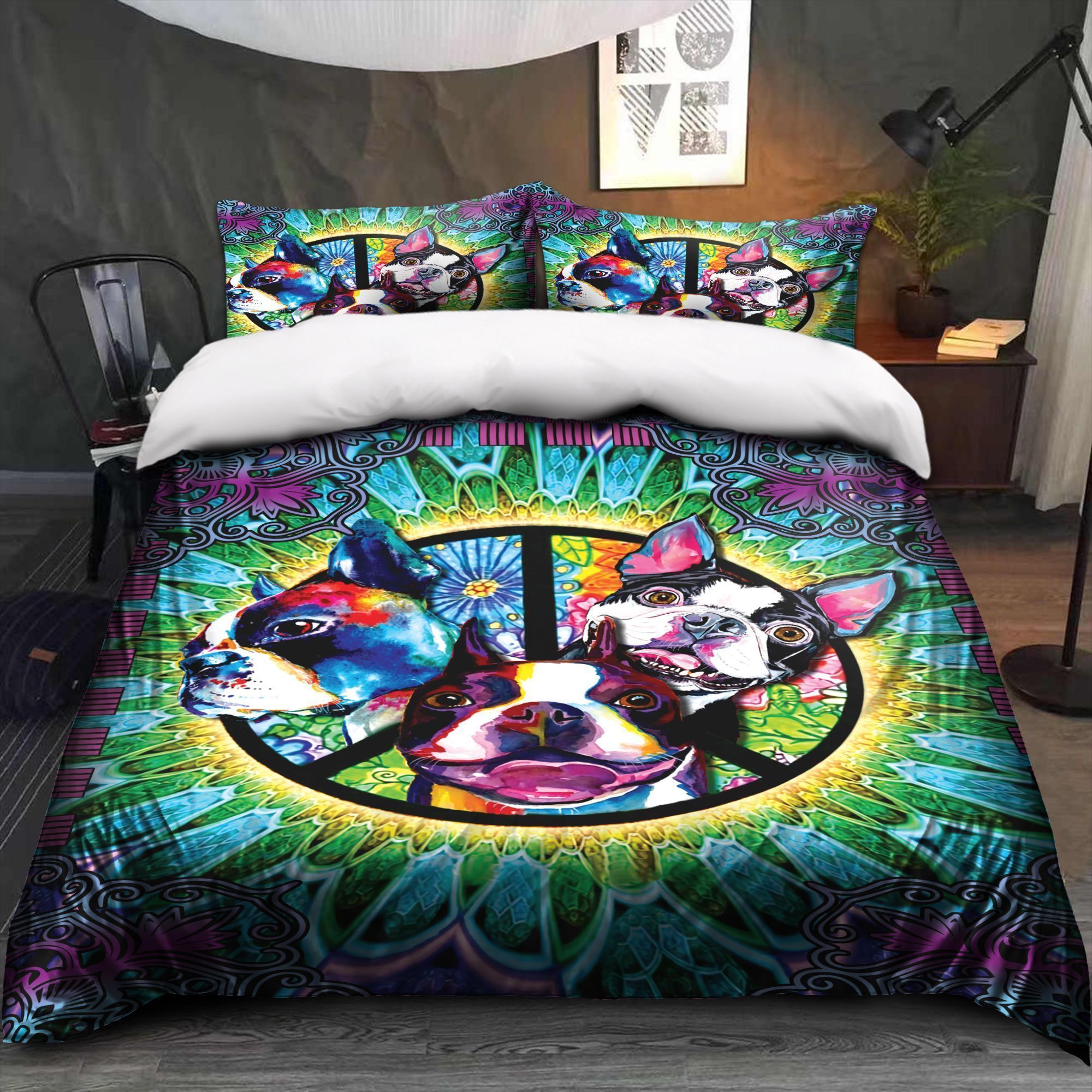 3D Hippie Boston Terrier Cotton Bed Sheets Spread Comforter Duvet Cover Bedding Sets