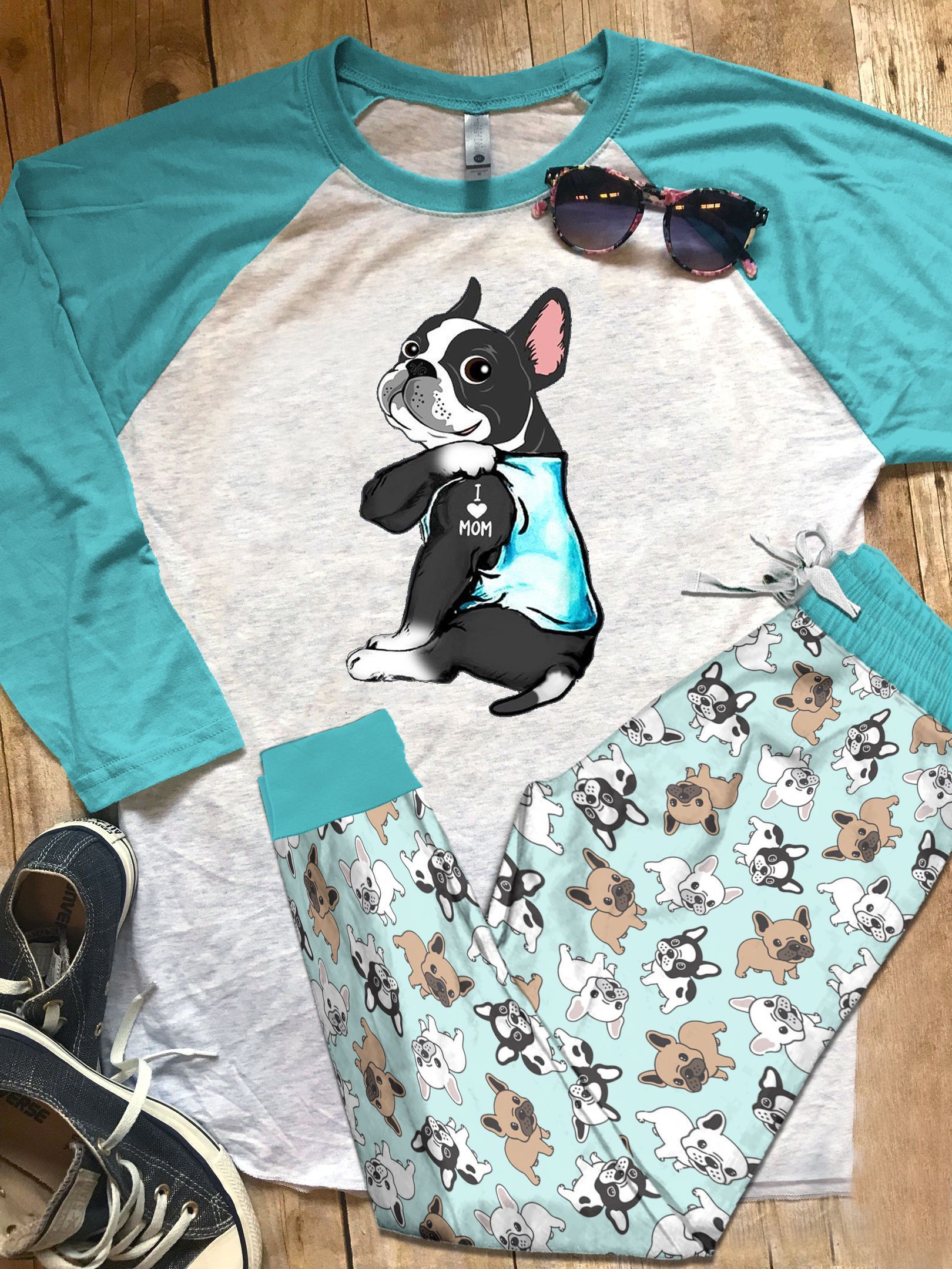 Boston Terrier DHC0501623TH Adult Raglan Shirt And Pajamas Pant Set Pjs Sleepwear For Women