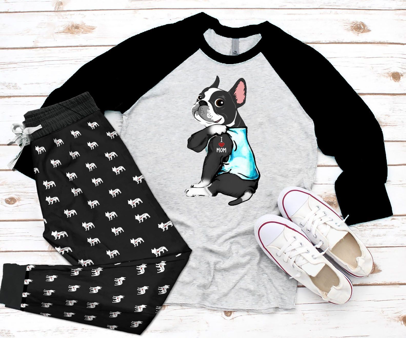 Boston Terrier DHC0501619TH Adult Raglan Shirt And Pajamas Pant Set Pjs Sleepwear For Women