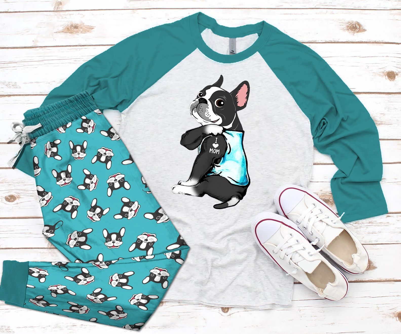 Boston Terrier DHC0501346TH Adult Raglan Shirt And Pajamas Pant Set Pjs Sleepwear For Women