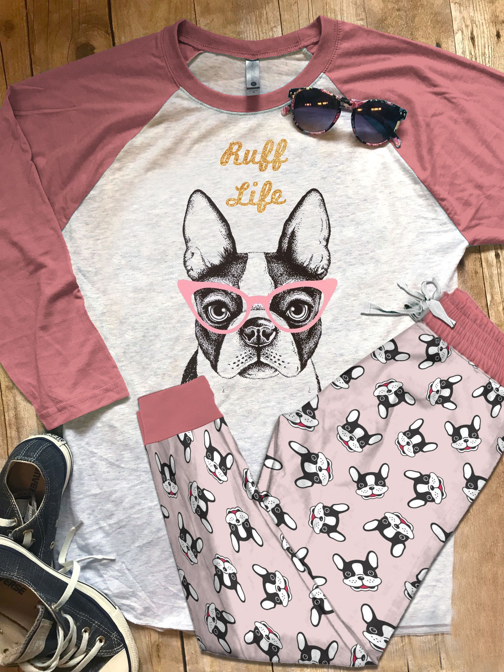 Boston Terrier DHC05012260TH Adult Raglan Shirt And Pajamas Pant Set Pjs Sleepwear For Women