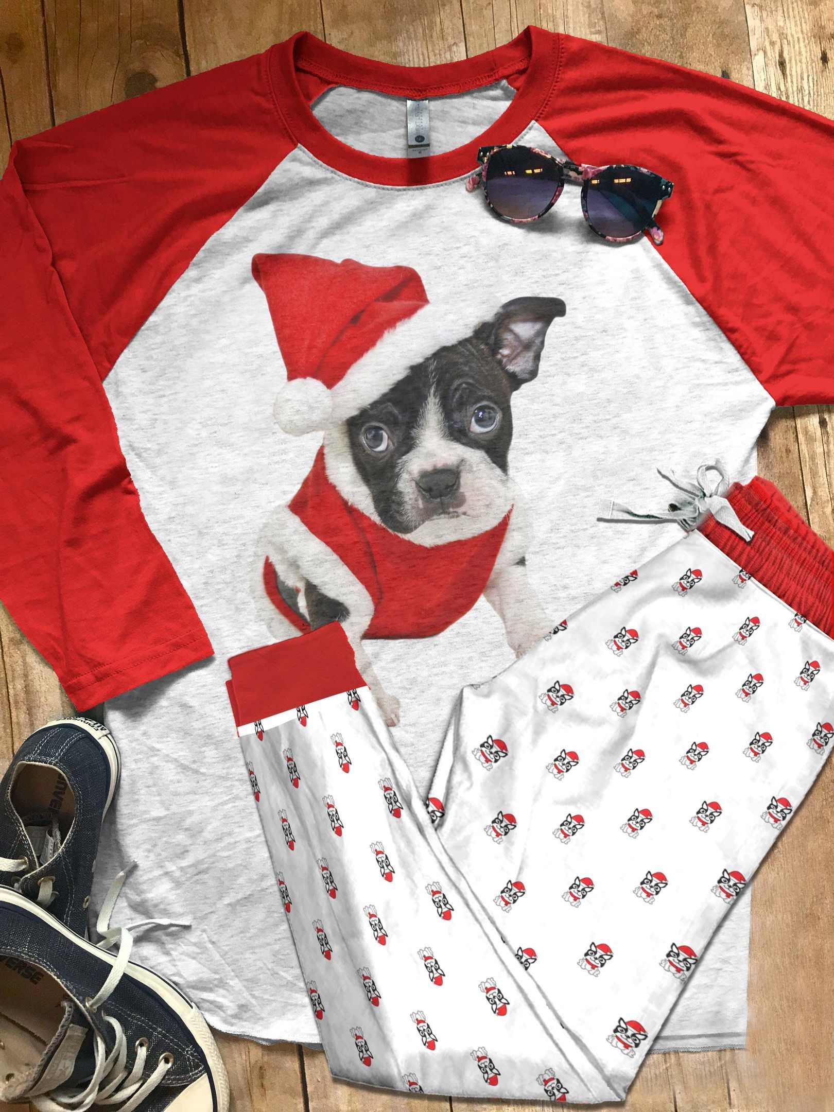 Boston Terrier DHC05012464TH Adult Raglan Shirt And Pajamas Pant Set Pjs Sleepwear For Women