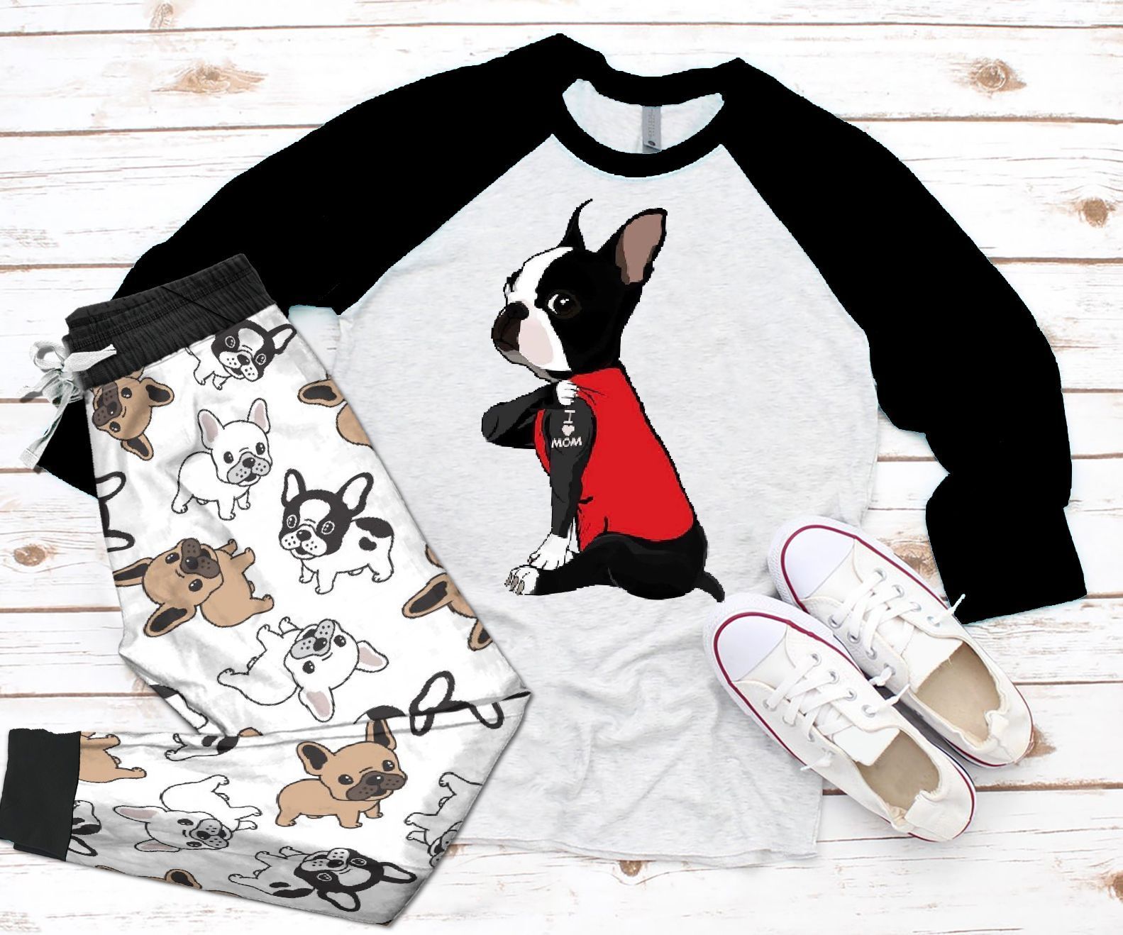 Boston Terrier DHC05012980TH Adult Raglan Shirt And Pajamas Pant Set Pjs Sleepwear For Women