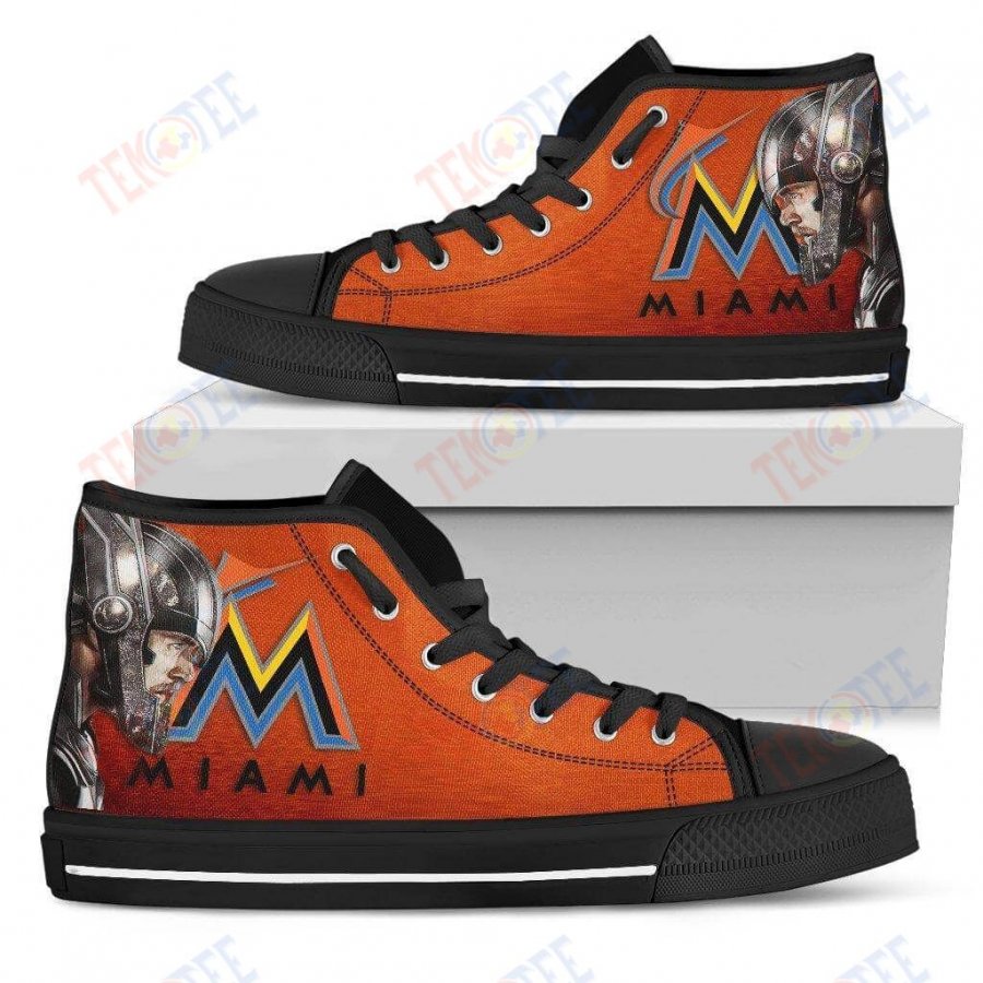 Mens Womens Miami Marlins High Top Shoes Thor Head Beside Shoes TMT197