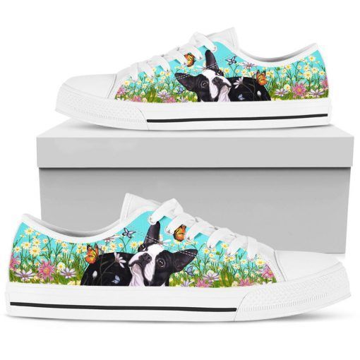 Floral Boston Terrier Low Top Shoes