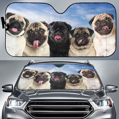 Five Pugs Driving 3D Print Car Windshield Auto Sunshade