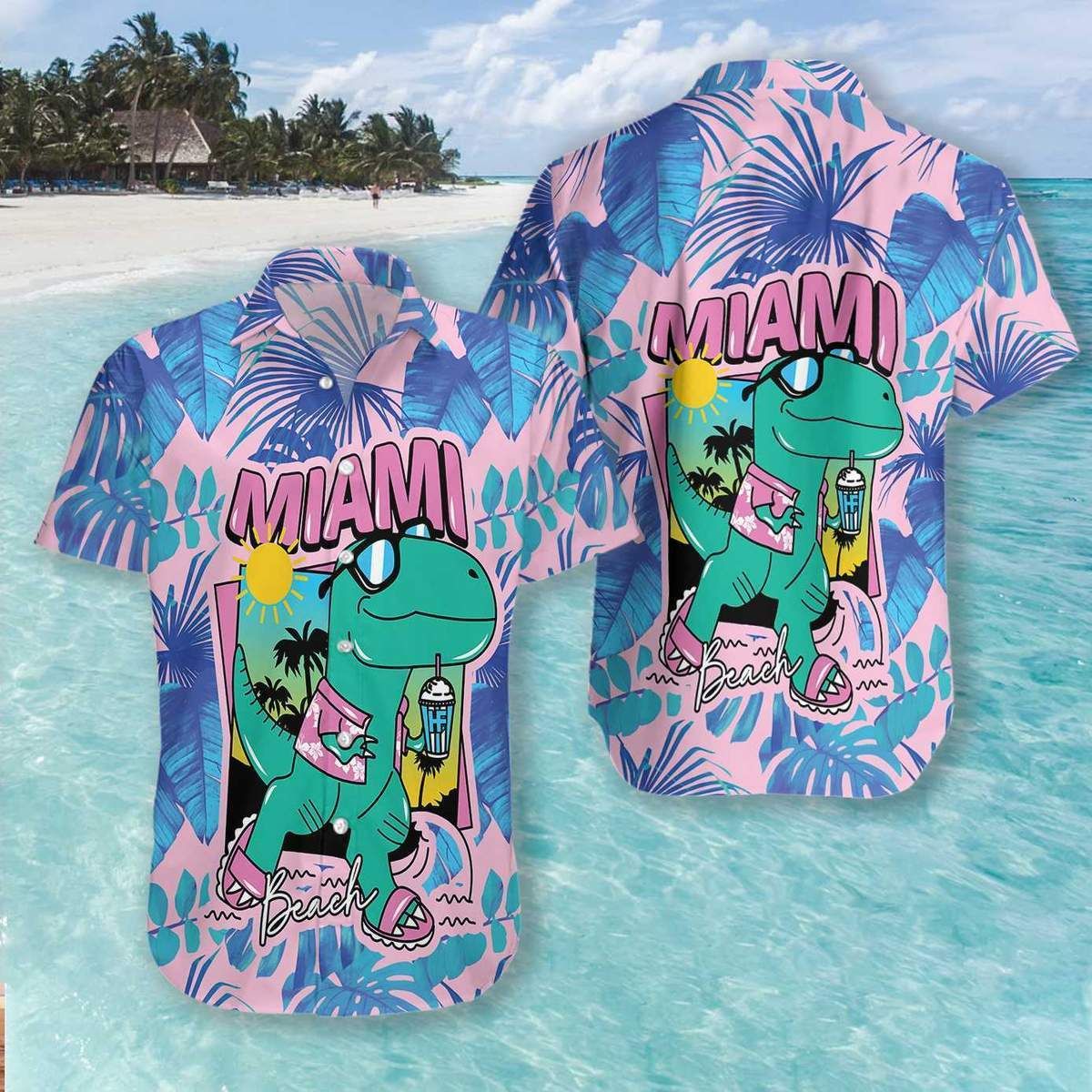 Felacia [Hawaii Shirt] Happy Dinosaur In Miami Beach Pink Purple Aloha -ZX2744